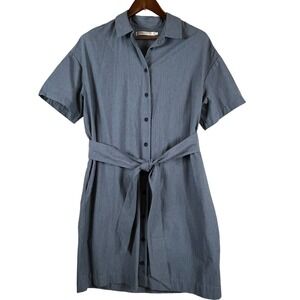 Contemporaine Par Simons L Button Down Striped Shirt Dress Blue Belted Pockets